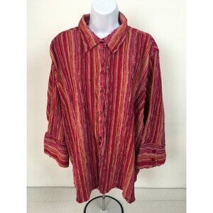 CJ Banks Womens Top Size XL Red Gold/Brown Stripe Button Down Blouse